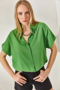 Olalook Women's Pistachio Green Bat Oversize Linen Shirt