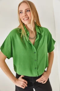 Olalook Women's Pistachio Green Bat Oversize Linen Shirt - Image 2