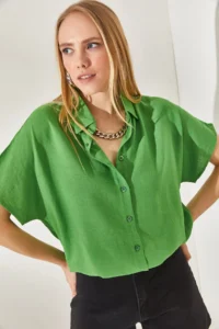 Olalook Women's Pistachio Green Bat Oversize Linen Shirt - Image 3