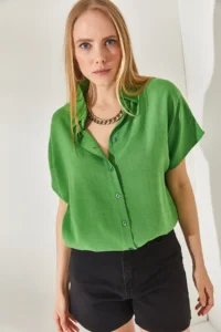Olalook Women's Pistachio Green Bat Oversize Linen Shirt - Image 4