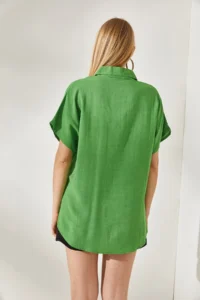 Olalook Women's Pistachio Green Bat Oversize Linen Shirt - Image 5
