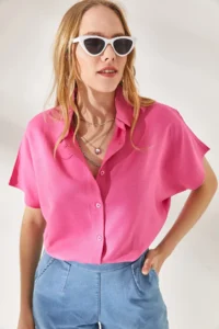 Olalook Women's Pink Bat Oversize Linen Shirt - Image 2