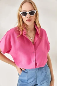 Olalook Women's Pink Bat Oversize Linen Shirt - Image 3