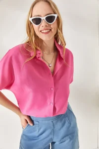 Olalook Women's Pink Bat Oversize Linen Shirt - Image 4