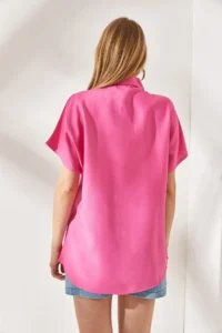 Olalook Women's Pink Bat Oversize Linen Shirt - Image 5
