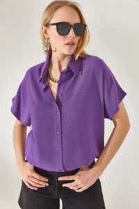 Olalook Women's Purple Bat Oversize Linen Shirt