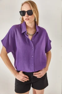 Olalook Women's Purple Bat Oversize Linen Shirt - Image 2
