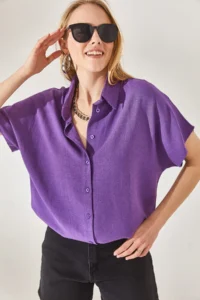 Olalook Women's Purple Bat Oversize Linen Shirt - Image 3