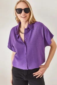 Olalook Women's Purple Bat Oversize Linen Shirt - Image 4