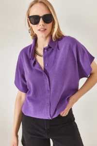 Olalook Women's Purple Bat Oversize Linen Shirt - Image 5