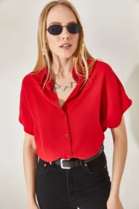 Olalook Women's Red Bat Oversize Linen Shirt - Image 3