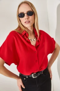 Olalook Women's Red Bat Oversize Linen Shirt - Image 4