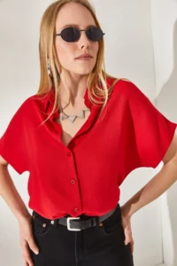 Olalook Women's Red Bat Oversize Linen Shirt - Image 5
