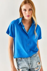 Olalook Women's Saks Blue Bat Oversize Linen Shirt