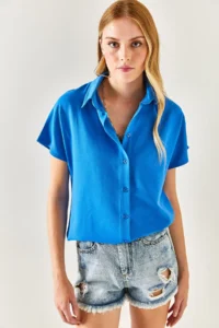 Olalook Women's Saks Blue Bat Oversize Linen Shirt - Image 2