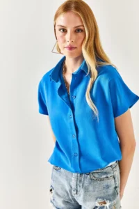 Olalook Women's Saks Blue Bat Oversize Linen Shirt - Image 4