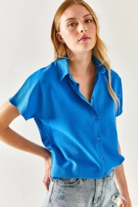 Olalook Women's Saks Blue Bat Oversize Linen Shirt - Image 5