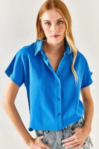Olalook Women's Saks Blue Bat Oversize Linen Shirt - Image 6