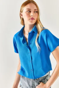 Olalook Women's Saks Blue Bat Oversize Linen Shirt - Image 7