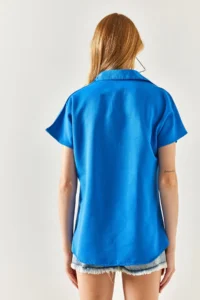 Olalook Women's Saks Blue Bat Oversize Linen Shirt - Image 8