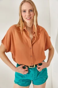 Olalook Women's Salmon Bat Oversize Linen Shirt - Image 2