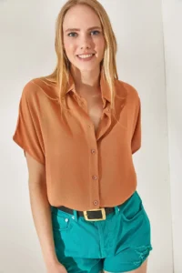 Olalook Women's Salmon Bat Oversize Linen Shirt - Image 3