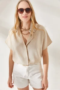 Olalook Women's Stone Bat Oversize Linen Shirt - Image 2