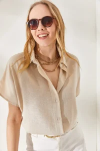 Olalook Women's Stone Bat Oversize Linen Shirt - Image 3