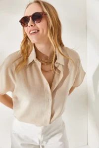 Olalook Women's Stone Bat Oversize Linen Shirt - Image 4