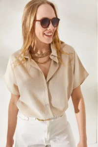 Olalook Women's Stone Bat Oversize Linen Shirt - Image 5