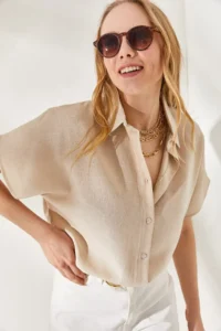 Olalook Women's Stone Bat Oversize Linen Shirt - Image 6