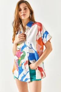 Olalook Women's Watercolor Saks Blue Bat Linen Blend Shirt - Image 6