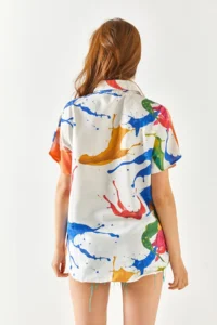 Olalook Women's Watercolor Saks Blue Bat Linen Blend Shirt - Image 8
