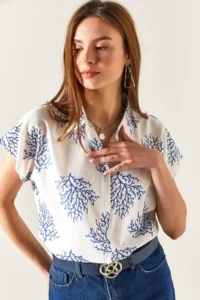 Olalook Women's Bush Blue Patterned Linen Bat Shirt