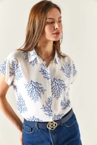 Olalook Women's Bush Blue Patterned Linen Bat Shirt - Image 5