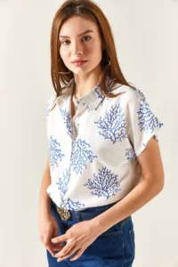 Olalook Women's Bush Blue Patterned Linen Bat Shirt - Image 6