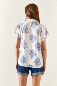 Olalook Women's Bush Blue Patterned Linen Bat Shirt - Image 7