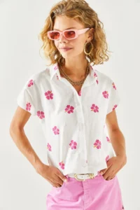 Olalook Women's Daisy Fuchsia Patterned Linen Bat Shirt