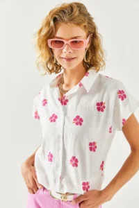 Olalook Women's Daisy Fuchsia Patterned Linen Bat Shirt - Image 4