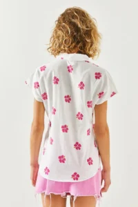 Olalook Women's Daisy Fuchsia Patterned Linen Bat Shirt - Image 5