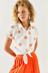 Olalook Women's Daisy Orange Patterned Linen Bat Shirt