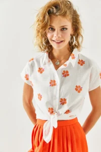 Olalook Women's Daisy Orange Patterned Linen Bat Shirt - Image 2