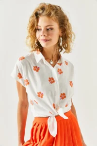Olalook Women's Daisy Orange Patterned Linen Bat Shirt - Image 6