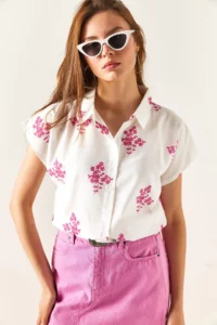 Olalook Women's Floral Fuchsia Patterned Linen Bat Shirt