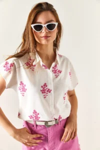 Olalook Women's Floral Fuchsia Patterned Linen Bat Shirt - Image 3