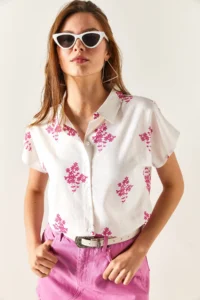 Olalook Women's Floral Fuchsia Patterned Linen Bat Shirt - Image 4