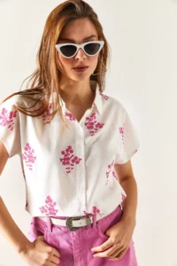 Olalook Women's Floral Fuchsia Patterned Linen Bat Shirt - Image 5