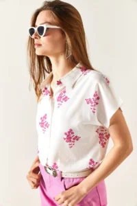 Olalook Women's Floral Fuchsia Patterned Linen Bat Shirt - Image 6