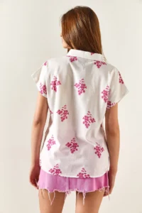 Olalook Women's Floral Fuchsia Patterned Linen Bat Shirt - Image 7
