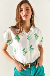 Olalook Women's Floral Green Patterned Linen Bat Shirt